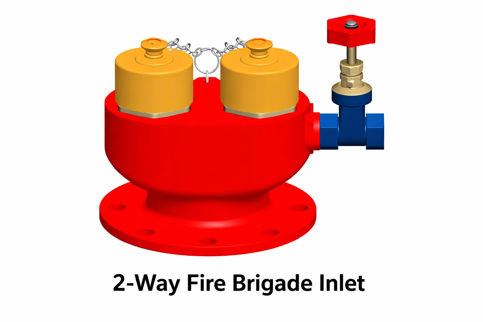 Red two-way fire department inlet with capped outlets.