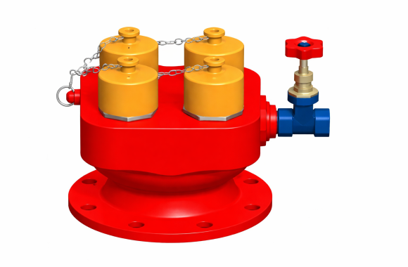 4 way fire brigade inlet with red flanged body and brass capped outlets.