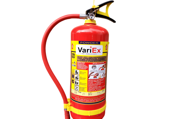 Red ABC fire extinguisher on wall