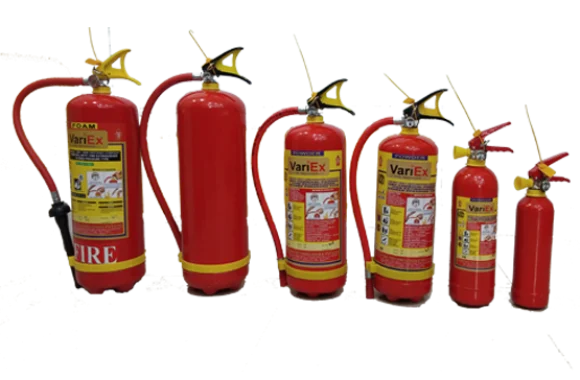 Different types of VariEx fire extinguishers – ABC powder, CO2 and foam models for home, office, and factory safety