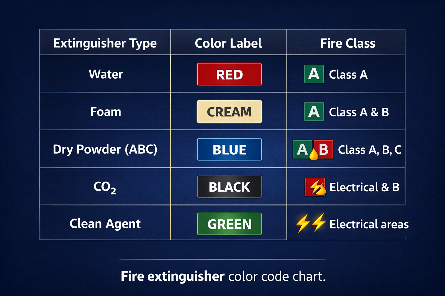 Fire extinguisher color code table showing extinguisher type, color label, and fire class