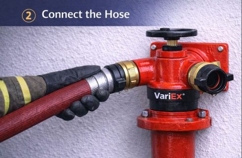 Fire hose connected to Variex fire brigade inlet